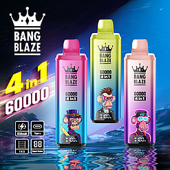 Marketing image of Bang Blaze 4-in-1 vaping devices with a capacity of 60,000 puffs, featuring colorful designs with stylized ape characters against a neon-lit water reflection background.