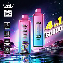 Two colorful vape devices labeled 'Bang Blaze 4 in 1', showcasing features like 650mAh battery, 1.0Ω resistance, Type-C charging, and digital display, set against a cosmic and reflective water background.