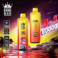 Promotional image displaying two Bang Blaze vape devices, featuring bright yellow and red designs, specifications like '650mAh' and 'digital display,' and a backdrop of vibrant scenery with text highlighting '4 in 1 60000.'