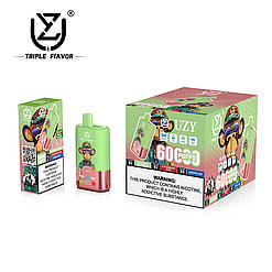 Promotional display of Triple Flavor vaping products, showcasing a green and pink device with branding featuring a cartoon monkey wearing sunglasses, alongside product packaging and warning labels stating the content contains nicotine, an addictive substance.