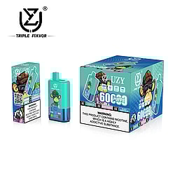 Image of a vaping product branded 'Triple Flavor,' showcasing its green and blue device, individual packaging, and a larger box with illustrations and flavor options. Includes a nicotine warning.