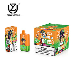 An array of packaging and a product for an electronic vaporizer labeled 'Triple Flavor' in an orange and green color scheme featuring a cartoon monkey design; emphasizes '60 Puffs' and contains nicotine addiction warnings.