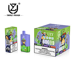 Colorful packaging and product design for Triple Flavor UZY vape device, featuring a purple and green unit and branding with a monkey illustration, alongside health warnings.