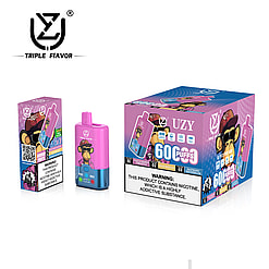 Display of vaping product packaging featuring the Triple Flavor brand, with colorful designs and nicotine warning labels.