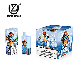 Triple Flavor branded products featuring a vape device and colorful packaging with cartoon artwork, showcasing nicotine warnings and flavor options like Strawberry Ice and Blue Razz Ice displayed prominently.