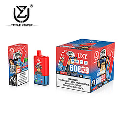 Promotional image featuring packaging and vaping device of Triple Flavor UZY product, showing 60 puffs indication and varieties, alongside health warning labels.