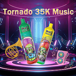 Two colorful vaping devices labeled 'Tornado 35K Music' with graphic designs featuring alien-like skulls, musical notes, a horn, and speaker illustrations, positioned against a neon-lit futuristic background.