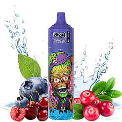 A purple vape device labeled 'Uwin Tornado Music 35K' with a colorful, artistic skull design, surrounded by blueberries, cherries, and cranberries with water droplets in the background.