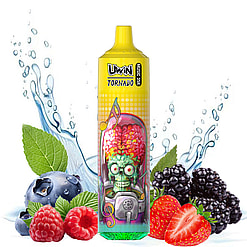 A colorful vape device branded 'UWIN Tornado' featuring whimsical graphics, colorful fruits like strawberries, blueberries, raspberries, and blackberries alongside splashes of water in the background.