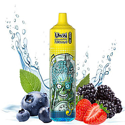An e-liquid bottle branded as 'Uwin Tornado Music 35k,' featuring colorful graphics of a cyborg skull with a visible brain surrounded by notes, positioned against a backdrop including strawberries, blueberries, blackberries, mint leaves, and water splashes symbolizing fruity freshness.