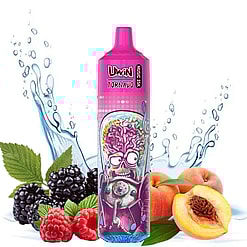 Pink UwU Tornado vape device with cartoon skull design beside splashes of water and fruit including peaches, raspberries, and blackberries.