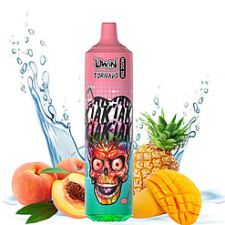 A colorful vaping device with a skull design against a background of splashing water and assorted fruits including peach, pineapple, and mango.