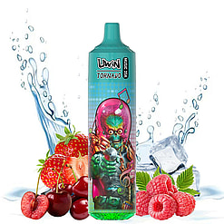 A colorful vape device labeled 'Uwin Tornado Music 35K' featuring a sci-fi alien character design, surrounded by water splashes, strawberries, cherries, raspberries, and ice cubes.