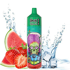 Colorful packaging of the Uwin Tornado Music 35k vape device, featuring a vibrant extraterrestrial skull design, alongside fresh strawberries, watermelon slices, and ice cubes with water splashes.
