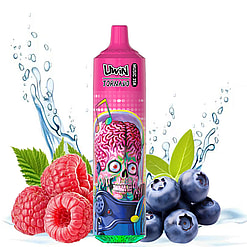 A colorful vape device labeled 'Uwin Tornado' with a vivid design featuring a skull with exposed brain imagery and music notes, set against a backdrop of raspberries, blueberries, green leaves, and water splashes.