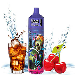 A colorful vape device labeled 'UWIN Tornado Music 35K' featuring an alien design next to splashing drink imagery and cherries.