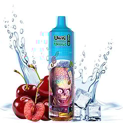 A vibrant blue vape device labeled 'Uwin Tornado Music 35K' featuring a skull with a colorful, exposed brain and musical notes, surrounded by cherries, ice cubes, and splashing water against a white background.