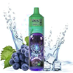 Colorful vape device labeled 'Uwin Tornado' with a vibrant graphic design, surrounded by grapes, ice cubes, and splashes of water.