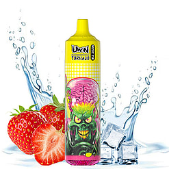 Brightly colored vape bottle featuring a vivid monster illustration with a brain, surrounded by strawberries, ice cubes, and splashes of water.