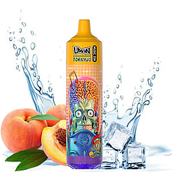Illustration of the Uwin Music Tornado vape pen with colorful branding featuring a stylized skeleton head, positioned next to peaches, water splashes, and ice cubes symbolizing a refreshing flavor profile.