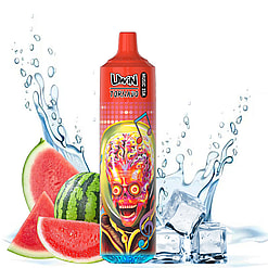 Colorful vaping device featuring graphic designs with a vibrant skull motif and music notes, accompanied by imagery of watermelon slices, ice cubes, and splashing water.