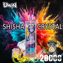 Imagem promocional do Uwin Shisha Crystal apresentando um personagem macaco em estilo de desenho animado, cores vibrantes e o sabor 'Strawberry Ice' com 20.000 tragadas indicadas.
