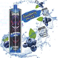 Imagem promocional de um dispositivo de vaporização da marca Uwin rotulado como "Blueberry on Ice", com mirtilos, folhas de hortelã, cubos de gelo e efeitos de respingos de água ao fundo.