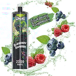 Promotional image featuring a vape device labeled 'UWIN Blueberry Raspberry' with 20,000 puffs, surrounded by creative depictions of blueberries, raspberries, and mint leaves on a splash-like background.