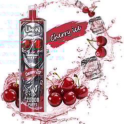 A graphic showcasing a vaping device labeled 'UWin Cherry Ice' with a stylized skull design wearing red sunglasses, surrounded by splashing cherries and ice cubes against a red and white background.