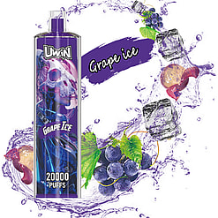 Promotional image of a 'Grape Ice' flavored vape device showcasing a sleek purple design, surrounded by icy splashes, grape clusters, and mint leaves.
