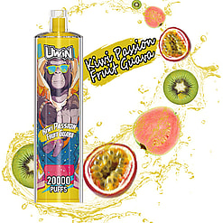 Colorful packaging of a UWin vape device featuring 20,000 puffs and labeled Kiwi Passion Fruit Guava flavor, surrounded by illustrations of the fruits and splashes of liquid.
