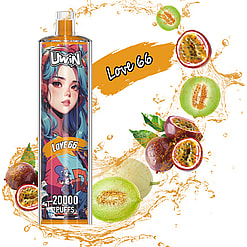 A vaping device branded 'Uwin' with colorful artwork and labeled 'Love 66' featuring 20,000 puffs, displayed alongside illustrations of passion fruit and melons with splashing juice effects.
