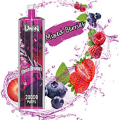 Promotional image of a vape device featuring 'Mixed Berries' flavor, decorated with illustrations of strawberries, blueberries, raspberries, and a splash of juice, emphasizing the flavor profile and titled with '20000 PUFFS.'
