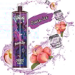 A purple-themed vape device labeled 'Uwin Peach Ice' with a stylish design featuring a futuristic character, surrounded by splashes, peaches, and ice cubes on a vibrant background.