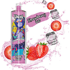 Promotional image of a 'UWIN Strawberry Ice' flavored disposable vape with 20,000 puffs, featuring a vibrant design and imagery of strawberries and ice cubes against a pink liquid splash background.
