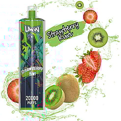 Promotional image of a strawberry kiwi-flavored vaping device labeled 'Uwin,' featuring 20,000 puffs capacity, alongside fresh strawberries and kiwis splashing in liquid.