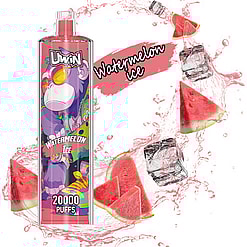 Promotional image for a vape product featuring a cartoon monkey design labeled 'Watermelon Ice' with colorful branding and depictions of watermelon slices and ice cubes alongside a splash effect, indicating a watermelon ice flavor with 20,000 puffs.