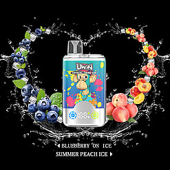 Promotional image of UWIN Crystal Twins 40K vaping device with a stylized monkey logo, surrounded by artistic renderings of blueberries and peaches, representing the flavors 'Blueberry On Ice' and 'Summer Peach Ice'.