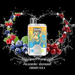 Promotional image featuring a Uwin Crystal Twins 40K vape with a colorful ape graphic on its body, surrounded by water splashes and an assortment of fruits including blueberries, raspberries, and cherries, with the flavors 'Blueberry Raspberry Cherry Ice' indicated below.