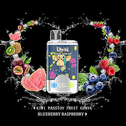 A graphical image featuring the UWin Crystal Twins vape with a prominent design showing a cartoon ape, surrounded by splashing water and various fruits including kiwi, passion fruit, guava, blueberries, and raspberries on a black background.
