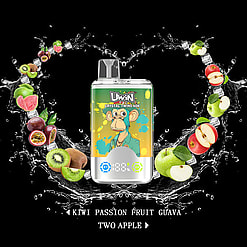 Stylized graphic of a vape device featuring a monkey-themed design and colorful fruit images including apples, kiwi, guava, and passion fruit, with water splash effects and text naming flavors: kiwi passion fruit guava and two apple.