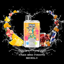 A vibrant electronic vape device featuring an artistic cartoon monkey design, surrounded by imagery of peaches, mango, pineapple, and Red Bull drinks, set against a dynamic black background with splashes resembling droplets and waves.