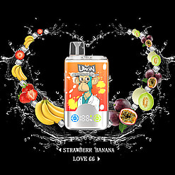 A colorful vape device featuring a cartoon monkey in a lab coat on an orange background, surrounded by fruit illustrations of bananas, strawberries, melons, and passion fruits with water splash effects on a black backdrop.