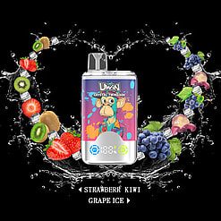 A vibrant UWIN Crystal Twins vape device featuring a cartoon monkey design, surrounded by splashing water, ice cubes, and colorful fruits such as strawberries, kiwis, grapes, and lychee against a black background.
