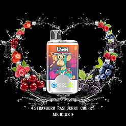A vaping device labeled 'UWin Crystal Twins 40K' featuring art of an anthropomorphic monkey surrounded by splashes of water and an assortment of fruits like strawberries, cherries, and berries, over a dark background.