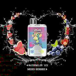 A colorful e-cigarette design featuring a cartoon monkey wearing a hoodie and surrounded by imagery of watermelon slices, berries, and ice on a black background, with text indicating flavors as Watermelon Ice and Mixed Berries.