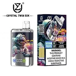 Product image displaying the Crystal Twin 50K vape with 50,000 puffs, offering two flavors: Blueberry on Ice and Summer Peach Ice, alongside its packaging that highlights the flavor details and regulatory warning.