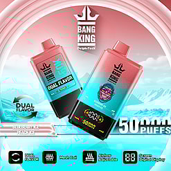 Promotional image for Bang King vaping device featuring dual flavor options, Blueberry Ice and Peach Ice, highlighting a maximum of 50,000 puffs, mesh coil technology, adjustable airflow, and a screen for digital display.