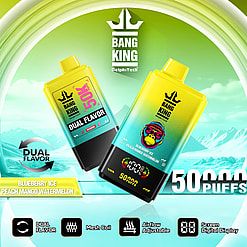 Promotional image of Bang King vape devices featuring dual flavors, mesh coil technology, adjustable airflow, and digital display with green mountainous background.