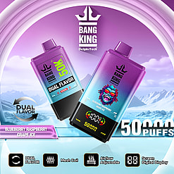 Promotional image of Bang King vapes showcasing dual flavor options, Blueberry Raspberry and Grape Ice, with features highlighted such as mesh coil, adjustable airflow, screen display, and 50,000 puffs capacity, set against a snowy mountain backdrop.